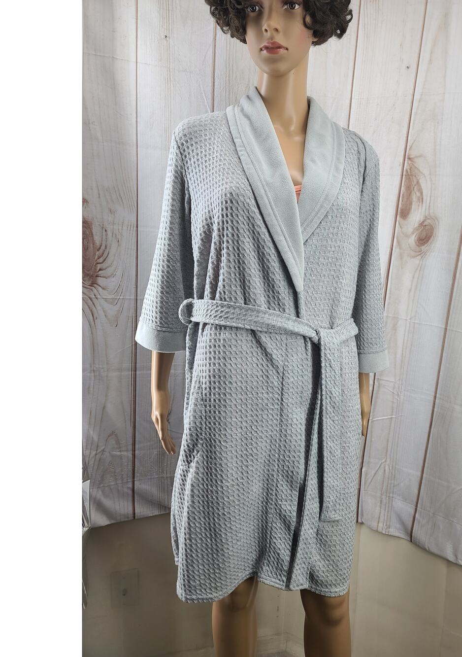 Liz Claiborne Women L Heather Grey Waffle-Knit Robe 3/4 Sleeve Knee Length Belt